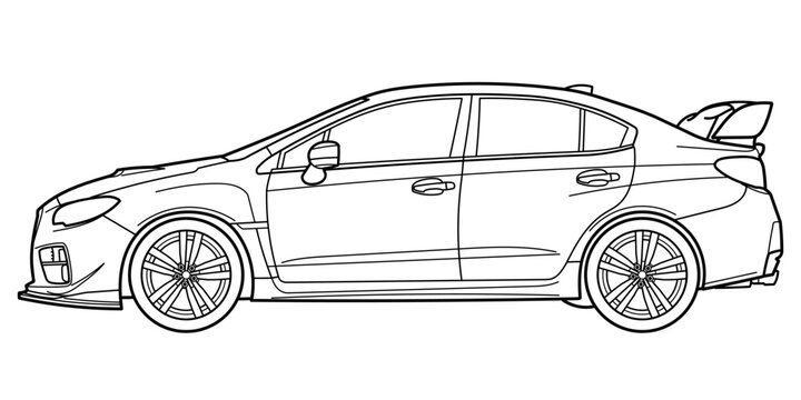 Ivano-Frankivsk, Ukraine - 18 June 2024: Outline drawing of a Subaru WRX STI 2015 model year, side view. Vector doodle illustration from is a sports sedan and rally car.