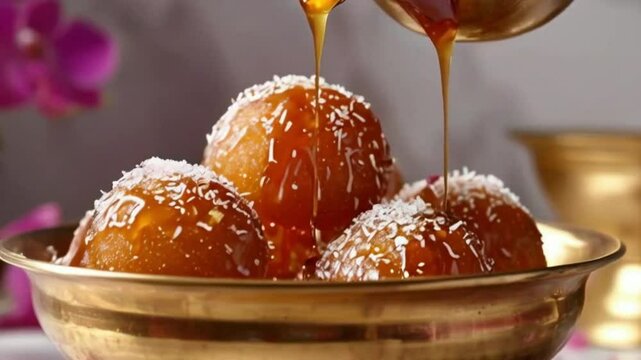  Drizzling Sugar Syrup Over Golden Gulab Jamun in a Bowl &ndash; 4K Footage of Indian Sweets for Diwali and Dussehra