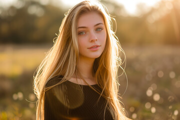 Naklejka premium Portrait of young woman with long blonde hair in sunlight