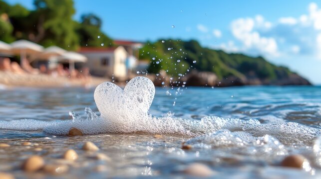 A frothy wave rolls over a heart-shaped seashell on a sunny beach, capturing the essence of seasonal romance and the beauty of nature in a perfect summer day.