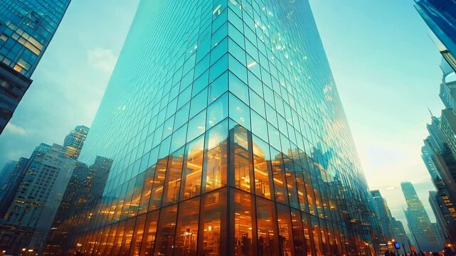 Low angle static shot: A modern glass skyscraper reflects the city lights at twilight.