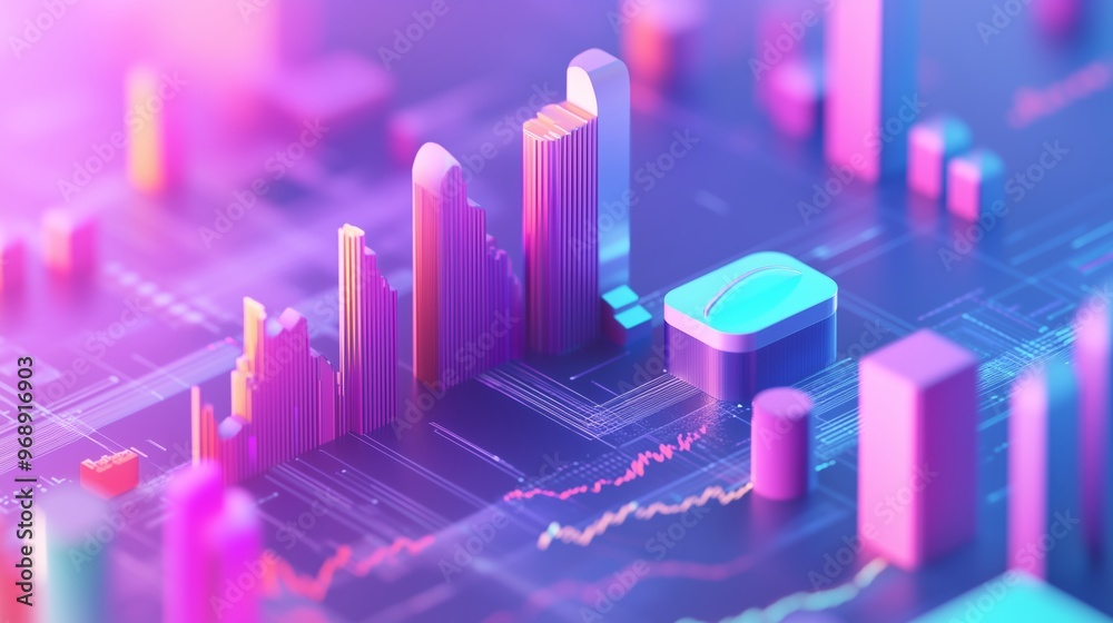Poster colorful 3d data visualization displaying fluctuating graphs and vibrant bar charts against a dark b