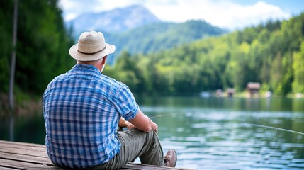 A man wearing a hat and plaid shirt is sitting on a wooden dock while fishing, with a picturesque view of a lake and forested mountains under a blue sky.