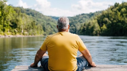 Fototapeta premium A man in a yellow shirt sits with his back facing the camera on a wooden dock by a calm riverside, surrounded by lush greenery and a serene natural setting.