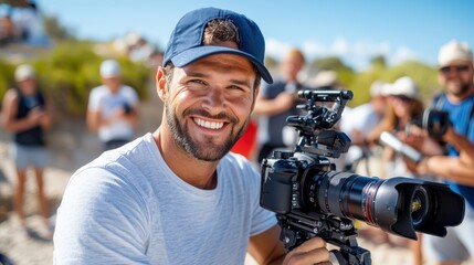 Obraz premium A person in a blue cap and white t-shirt operates a professional video camera, surrounded by a group of people, likely covering an event on a sunny day outdoors.