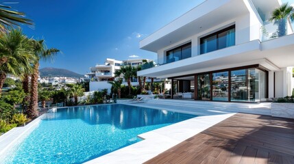Fototapeta premium Sophisticated modern luxury home featuring a large, inviting swimming pool in a serene, lush setting, representing an epitome of high living and contemporary architectural style.