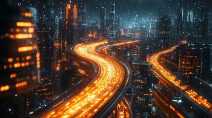 Naklejka premium AI-enhanced smart cities with adaptive infrastructure: A futuristic city where roads and buildings change dynamically based on traffic flow.