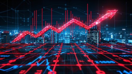 Real estate and property crisis. Dynamic stock market graph showcasing a rising trend over a digital city skyline, reflecting growth and investment opportunities.
