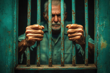 Portrait of an elderly man with gray hair and a mustache behind prison bars, his hands gripping the iron bars.. Created with Ai