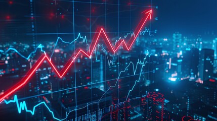 Real estate and property crisis. Dynamic stock market graph with upward trend, illustrating financial growth and investment opportunities over city skyline.