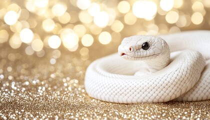 Fototapeta premium White Python Snake on Golden Shiny Background, Exotic Pet, Tropical Reptile, Festive Holiday Theme.