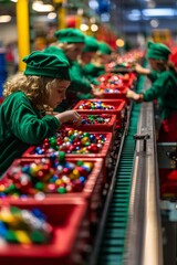 Naklejka premium Christmas elves working on an assembly line sorting colorful ornaments