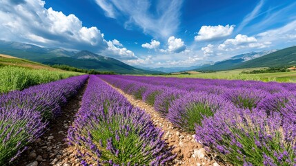 Rows of vibrant lavender fields stretch towards the horizon, complemented by distant mountains and a blue sky dotted with white clouds, presenting an awe-inspiring landscape.