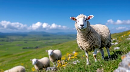 Fototapeta premium A close-up image of a sheep standing in a lush, green farmland setting under a clear blue sky, surrounded by rolling hills and other sheep grazing in the background.