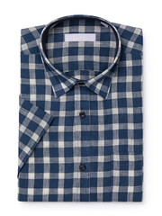 Top view of a folded short-sleeved linen shirt isolated on white background, a checkered shirt in...