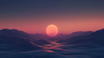 Fototapeta premium A serene landscape at sunset, showcasing rolling hills and a glowing sun against a colorful sky.