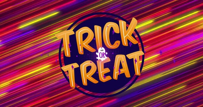 Animation of trick or treat text over glowing light trails