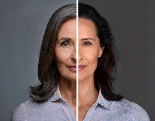 A split view of a woman's face illustrating the contrast between youthful and aged skin, highlighting wrinkles and the effects of aging, emphasizing skincare - Generative AI