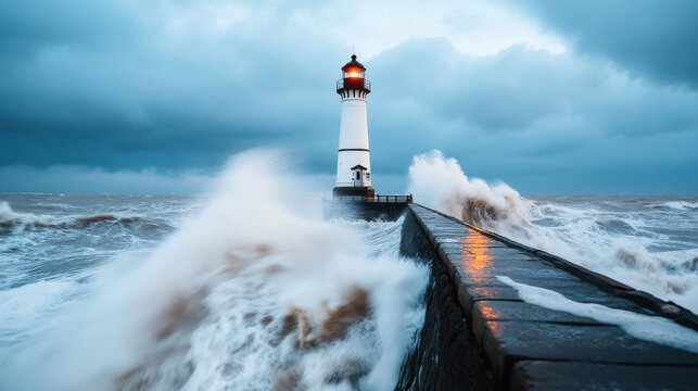A solitary lighthouse confidently stands against the severe storm, as enormous waves crash violently against it, symbolizing unwavering determination and courage in chaos.