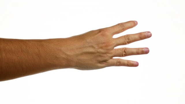Man counting to five with hand and fingers over isolated white background wall