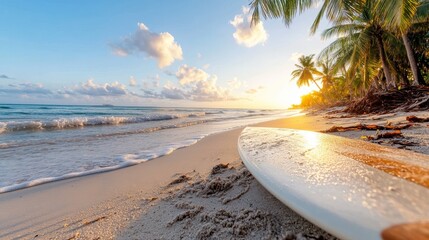 A surfboard lies on the sandy beach with palm trees and a beautiful sunset in the background, capturing the essence of relaxation and tropical paradise.