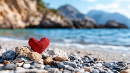 Fototapeta premium A charming red heart rests on a bed of pebbles by the sea, with a serene view of distant mountains capturing the essence of love, tranquility, and natural beauty.