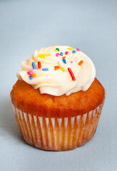 Single Vanilla cupcake with colorful vermicelli or sprinkles on light pastel blue with copy space
