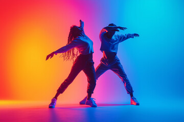 Capture two dynamic figures performing contemporary hip-hop dance, their movements fluid and expressive against a gradient background. They wear casual clothes, energy and artistry of modern dance