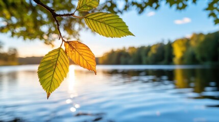 Obraz premium A peaceful morning view with the first rays of sunlight casting a glow on the lake's surface, accompanied by a close-up of golden-tinted leaves hanging from a branch.