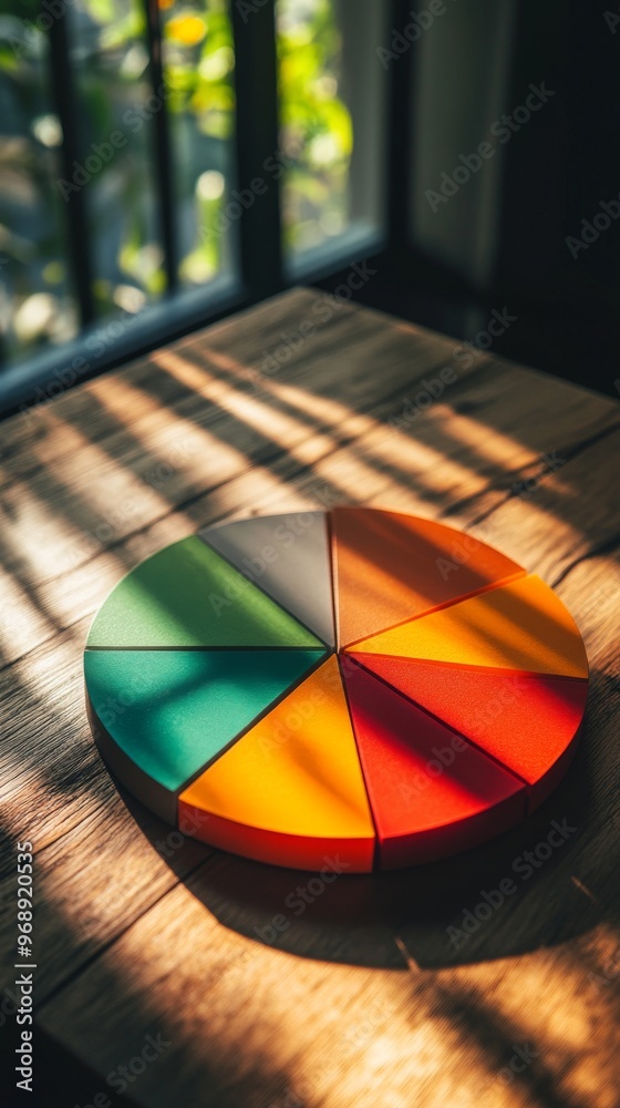 Poster colorful pie chart on a wooden table with sunlight and shadows, abstract concept