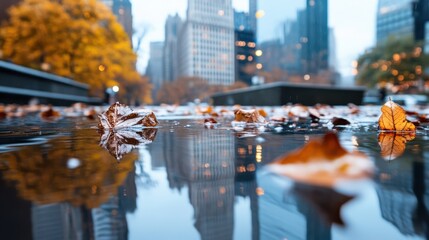 Obraz premium Autumn leaves float on a puddle in an urban setting, capturing the reflection of city buildings and showcasing a serene blend of nature and architecture on a rainy day.