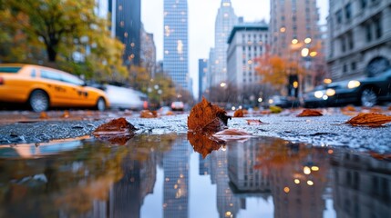 Fototapeta premium A busy urban street scene with yellow taxis and fallen autumn leaves on a rainy day, capturing the hustle and bustle of city life against a backdrop of tall buildings.