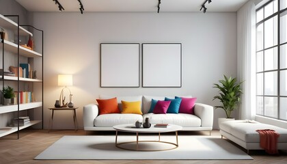 Photo modern style interior room 3d illustration Interior frame living room with colorful white sofa