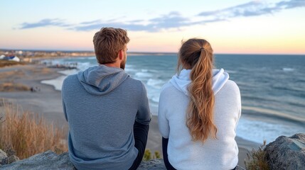 Fototapeta premium A couple with their backs to the camera sits close together on a rocky cliff overlooking the sea during sunset, enjoying a tranquil moment and the beauty of nature.