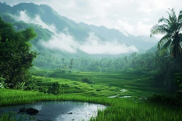 A peaceful scene of a traditional rice terrace in Bali with lush green paddies and a serene mountain backdrop
