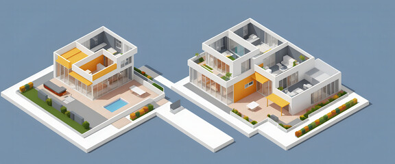 Illustrative frontal view of a new, modern and clearly architecturally planned house with insight into the room layouts, new modern architecture, architectural drawing