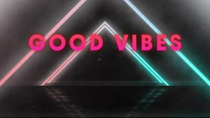 Animation of good vibes text over neon shapes on black background - Powered by Adobe