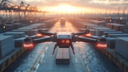 Naklejka premium Autonomous AI-controlled freight drones optimizing international shipping: Large drones autonomously transporting goods across seas and international borders for logistics companies.