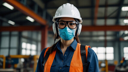 Woman wearing safety equipment industry factory helmet mask headphone shiel glasses background machine working.