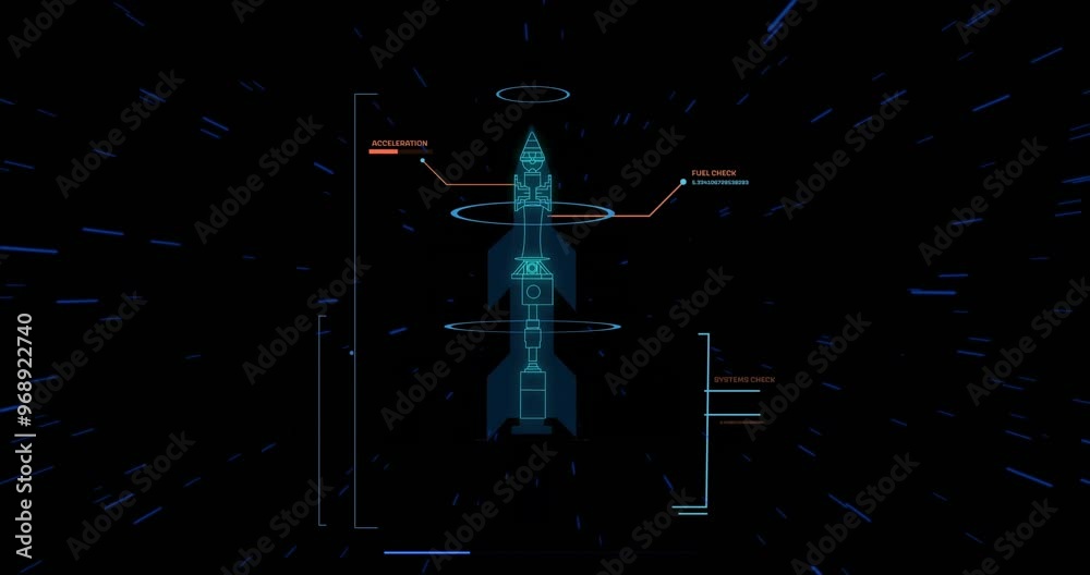 Poster animation of rocket model with data processing over light trails on black background