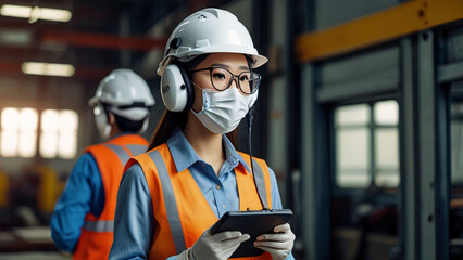 Woman wearing safety equipment industry factory helmet mask headphone shiel glasses background machine working.