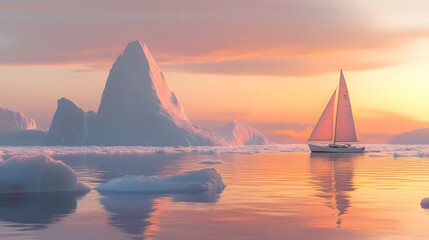 A sailboat navigating through icy waters at dawn, soft orange and pink light reflecting off the ice, detailed textures of icebergs with deep shadows, sailboat placed in the lower right third,