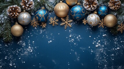 A blue background with a bunch of Christmas ornaments on it. The ornaments are of different sizes and colors, including gold and blue. The scene conveys a festive and joyful mood