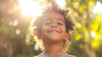 Fototapeta premium Portrait of a joyful Brazilian child with a warm smile backlit by sunlight