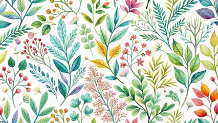 A delicate and intricate herbal branch pattern rendered in vibrant watercolors