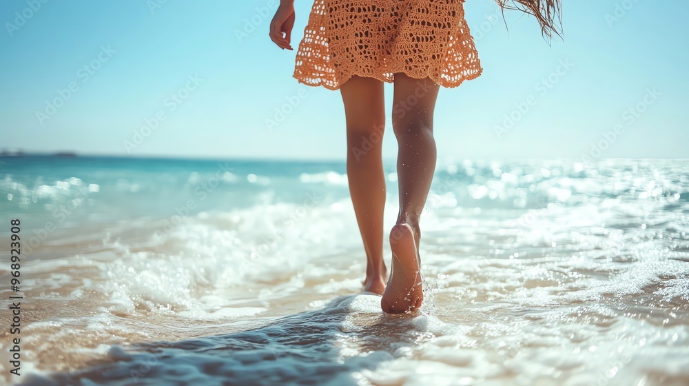 Poster Woman walks barefoot on a sandy beach.