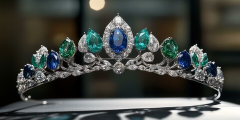Silver tiara with green and blue gems.