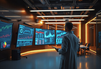 Young male programmer or administrator in a data center at his workplace in front of large monitors analyzes data or develops programs and applications.