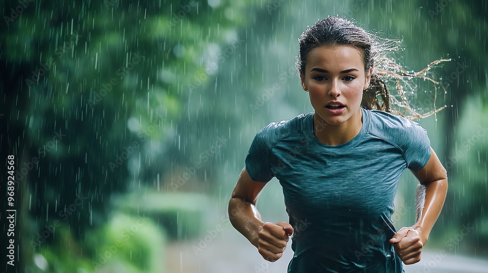 Poster A woman runs through a forest on a rainy day.