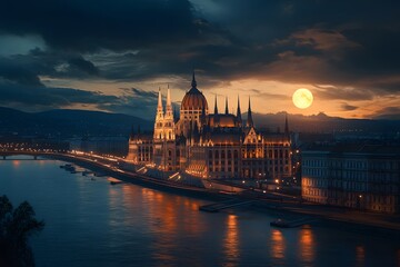 Fototapeta premium Hungarian Parliament Building Illuminated by Moon